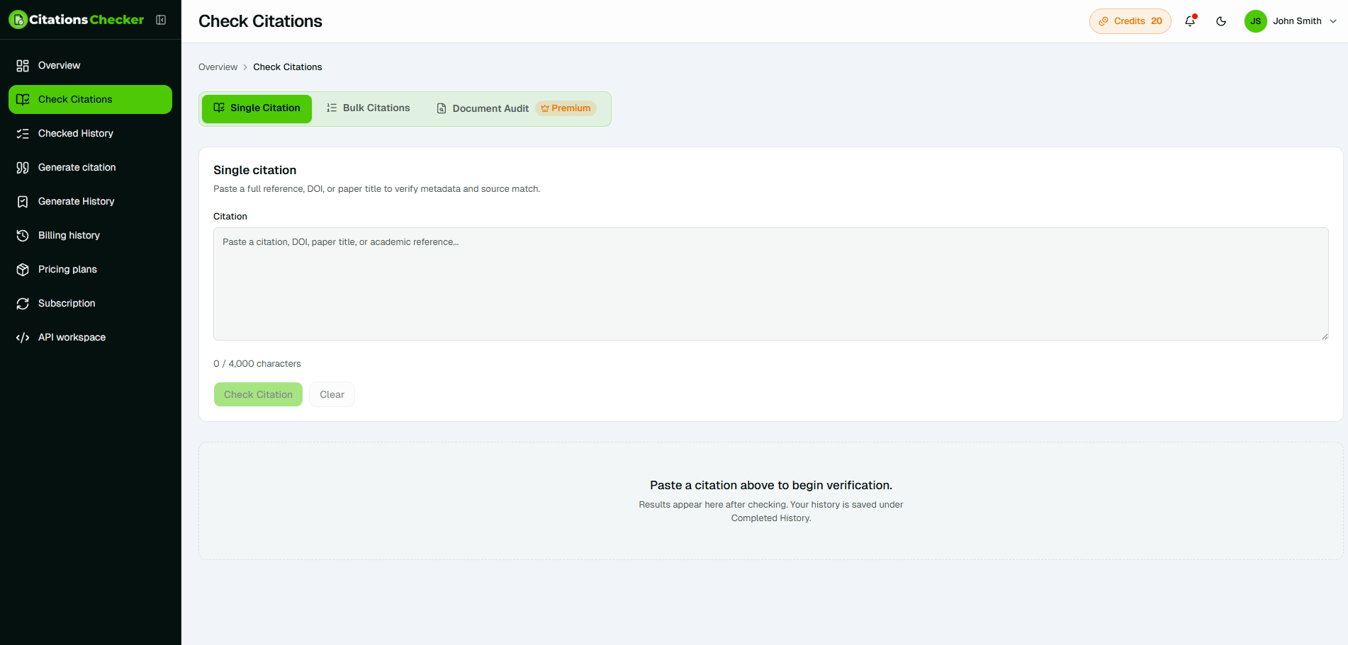 Citations Checker dashboard showing a completed citation check