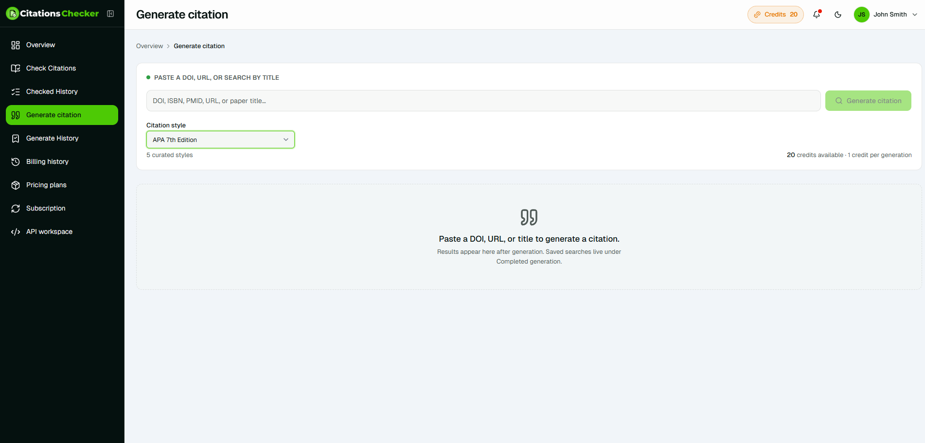 Citation generator creating a formatted reference