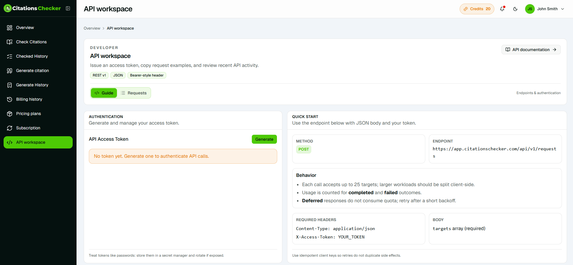 API workspace with endpoint keys and usage analytics
